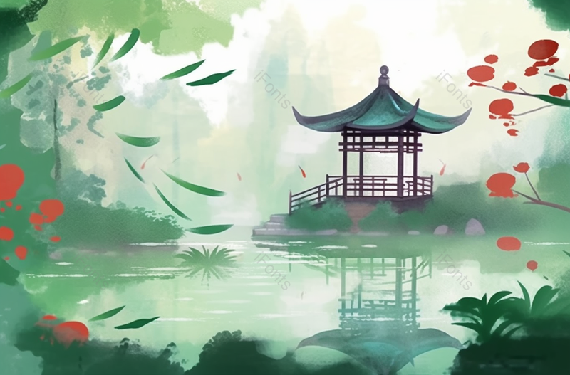 春天季节传统亭台楼阁青山绿水烟雨朦胧春意盎然宁静的风景插画,插画/手绘图,插画/手绘图库,插画/手绘图下载,插画/手绘